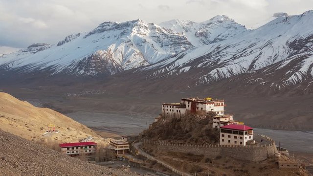 Time Lapse of Key Gompa Monastery (4166 m) at sunset. Spiti valley, India.