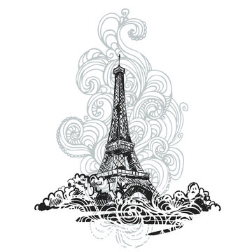 hand drawn vector illustration with Eiffel tower on white background. vector eps 8