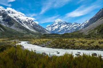 Fototapeta na wymiar Beautiful view and glacier in Mount Cook National Park, South Island, New Zealand
