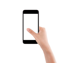 Isolated female hand holding a cellphone with white screen