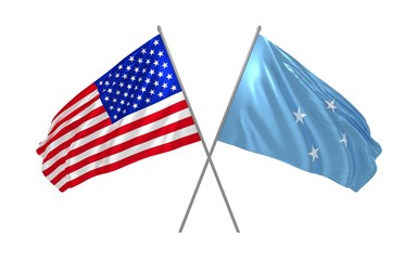 3d illustration of USA and Micronesia flags together waving in the wind
