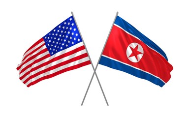 3d illustration of USA and North Korea flags together waving in the wind