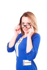 Fototapeta premium Portrait of a woman in glasses and blue dress