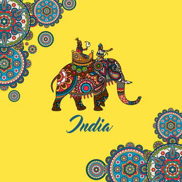 Indian maharaja sitting on elephant decorated mandala ornament. Vector illustration