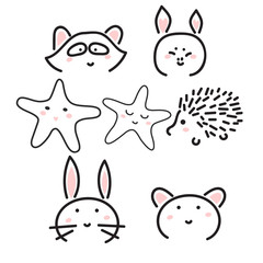 Line animal icons with cute faces. Raccoon, hedgehog, bunny, pig and bear. Minimalistic animal doodle illustration.