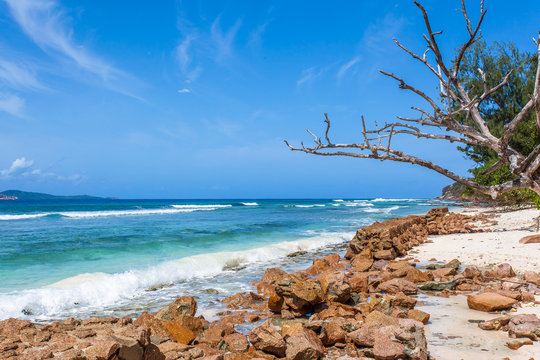 érosion marine, montée des eaux, réchauffement climatique, côte est de la Digue, les Seychelles 