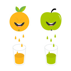 Fresh juice and glasses. Apple, orange fruit with faces. Smiling cute cartoon character set. Natural product. Juicing drops. Flat design. White background. Isolated.
