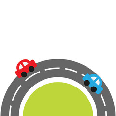 Obraz premium Round road on the bottom and cartoon cars. Flat design. Green grass. White background