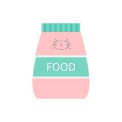 Pet cat dry food. Feed in plastic bag. Kitty face line sign symbol with moustaches. Fish and meat flavor. Flat design. White background. Isolated. Blue pink color.