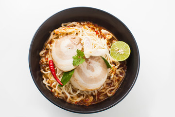 shot ramen isolated in studio on white background, Fusion food with Thai style