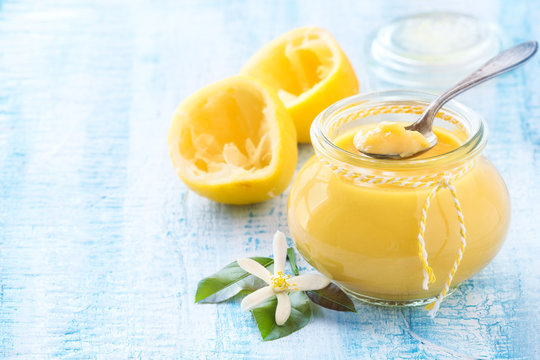 Delicious homemade lemon curd in a jar