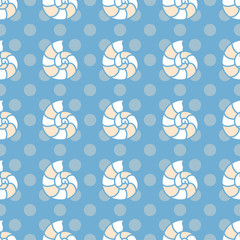 Seamless sea background. Hand drawn pattern with Mollusc shell. Suitable for fabric, greeting card, advertisement, wrapping. Bright and colorful nautilus seamless pattern