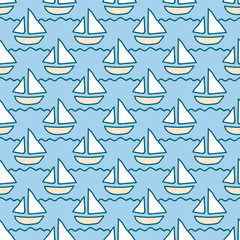 Seamless sea background. Hand drawn pattern. Suitable for fabric, greeting card, advertisement, wrapping. Bright and colorful sailing ships on waves seamless pattern