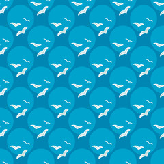 Seamless sea background. Hand drawn blue and white pattern. Suitable for fabric, greeting card, advertisement, wrapping. Bright and colorful seamless pattern with flocks of seagulls