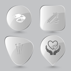 blood pressure, syringe, crutches, love in hands.