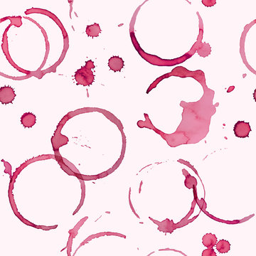 Wine stains vector seamless pattern on light pink background, backdrop for wine card or restaurant menu