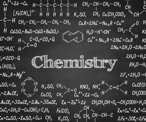 Welcome back to school with chemical formulas and figure on school blackboard on background. School chemistry education vector textured background