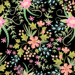 Seamless ditsy. Floral pattern. Flowers background. Vector illustration. Colorful flowers on a black background.