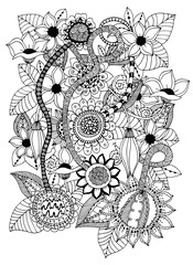 Vector illustration zentangl card with flowers. Doodle spring, jewelry, wedding. Coloring book anti stress for adults. Black white.