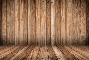 empty room with old vintage wooden wall and wooden floor. room interior vintage wall and wood floor background