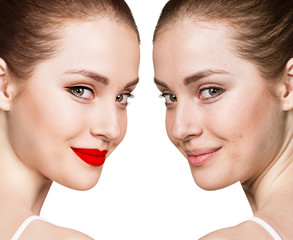Portrait of woman with and without makeup