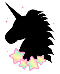 cute fantasy black unicorn silhouette with rainbow stars background illustration

