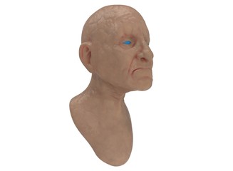  3d illustration of old man head. icon for game web. white background isolated. wrinkles statue. blue eyes.