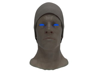  3d illustration of man head. icon for game web. white background isolated. wrinkles statue.  blue eyes.