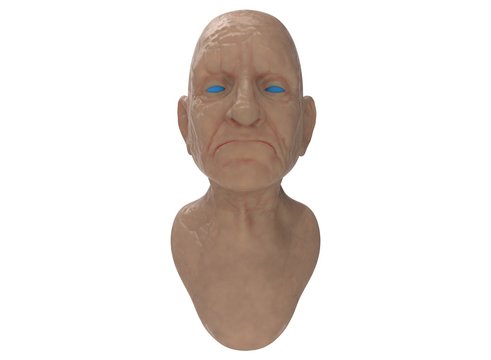  3d illustration of old man head. icon for game web. white background isolated. wrinkles statue. blue eyes.