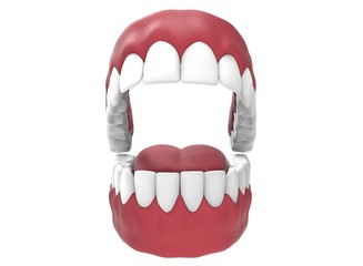  3d illustration of opened gum with teeth and tongue. icon for game web. white background isolated. colored and cute. anatomy part of the mouth.
