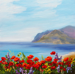 Obraz premium poppy field near the sea, colorful coast, art oil painting