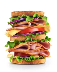 Poster Snack Big sandwich with ham and vegetables isolated on white backgroun