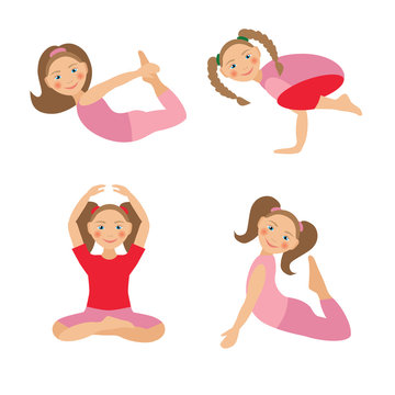 Vector illustration of kid yoga positions. Children activities