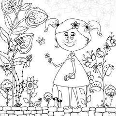 Vector illustration Zen Tangle girl in a floral Doodle flowers, tree. Coloring book antis stress for adults. Black white.