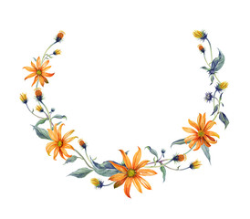 Watercolor wreath or garland. Orange daisies with green leaves on white background. Can be used as invitation or greeting card, print, your banner.