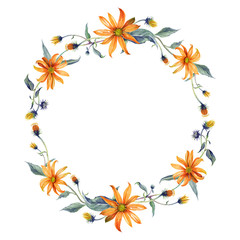Watercolor wreath or garland. Orange daisies with green leaves on white background. Can be used as invitation or greeting card, print, your banner.
