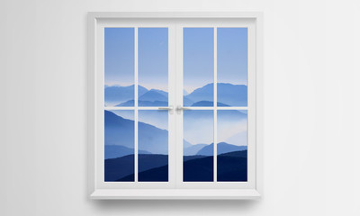 Look out the window at the mountain landscape.