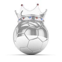 Silver soccer ball with silver crown on white background. 3D rendering.