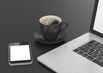 Fototapeta na wymiar Laptop smartphone and coffee cup on black. 3d rendering.