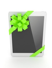 White tablet with green bow. 3D rendering.