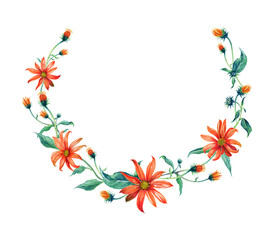 Fototapeta na wymiar Watercolor wreath or garland. Red daisies with green leaves on w
