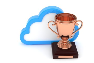 Isoalted bronze cup with cloud on white background. Blue contour cloud. Concept of cloud storage competition. Leader cloud drive. Best storage contest. 3D rendering.