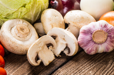 Vegetables on wood. Bio Healthy food, herbs and spices. Organic