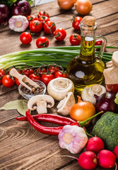 Vegetables on wood. Bio Healthy food, herbs and spices. Organic
