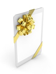 White tablet with golden bow. 3D rendering.