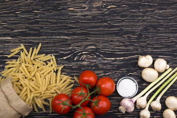 Ingredients. Tomatoes, pasta, garlic, champignon and salt.