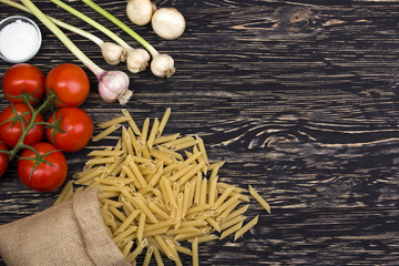 Ingredients. Tomatoes, pasta, garlic, champignon and salt.