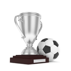 Isolated silver cup with ball on white background. Soccer and football. Second place trophy. Game and competition. 3D rendering