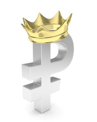 Isolated ruble sign with golden crown on white background. Concept of making profit, income. Currency sign. Russian money. 3D rendering.