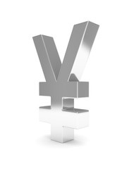 Isolated silver yen yuan sign on white background. Chinese japanese currency. Concept of investment, asian market, savings. Power, luxury and wealth. 3D rendering.